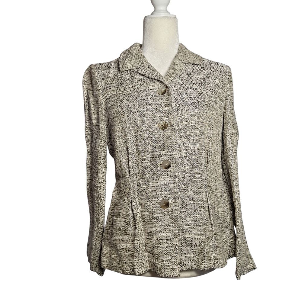 J Jill Tweed Blazer Top Button Down Woven Neutral Career Office Small Womens